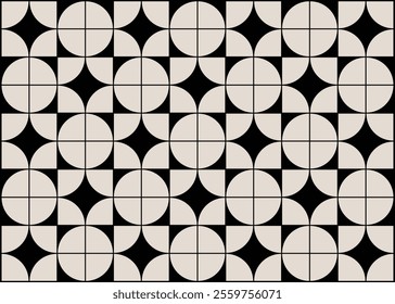 Geometric pattern in beige and black inspired by the Midcentury modern design style. Graphical illustration for a unique wall decor, textiles and interior design.
