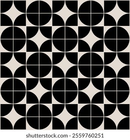 Geometric pattern in beige and black inspired by the Midcentury modern design style. Graphical illustration for a unique wall decor, textiles and interior design.