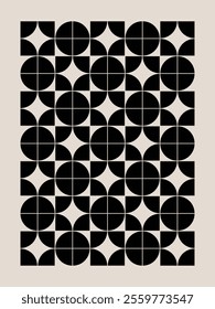 Geometric pattern in beige and black inspired by the Midcentury modern design style. Graphical illustration for a unique wall decor, textiles and interior design.