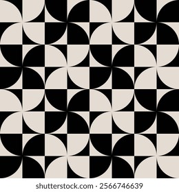 Geometric pattern in beige and black inspired by the Midcentury modern design style. Graphical illustration for a unique wall decor, textiles and interior design.