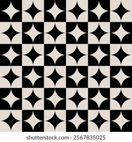 Geometric pattern in beige and black inspired by the Midcentury modern design style. Graphical illustration for a unique wall decor, textiles and interior design.