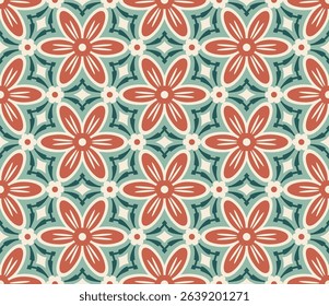 Geometric Pattern - Big and Small Flowers (Dark Green, Soft Green, Caramel, Cream) - Repeating Vector Image; Easily Editable; Endless Design; Colorful lIlustration. Print for Gift Paper, etc.