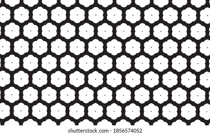 Geometric pattern of big white flowers on black background.
