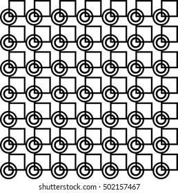 Geometric pattern with black circles and squares on white background