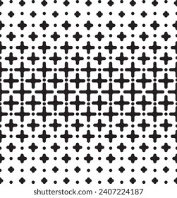 Geometric pattern of black crosses and circles on a white background. Seamless in one direction. Option with an average fade out.