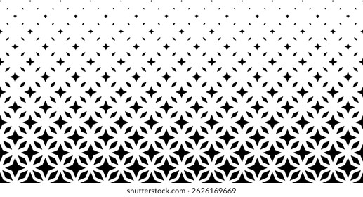 Padrão geométrico de diamantes pretos e estrelas em um fundo branco. Sem emenda em uma direção. Opção com fade out curto.O método de transformação Escala.