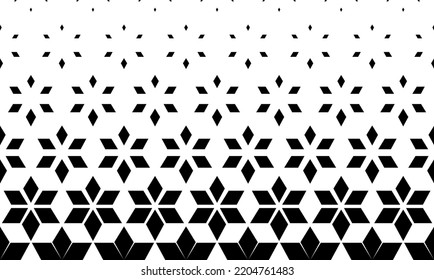 Geometric pattern of black figures on a white background.Seamless in one direction .Option with a SHORT fade out. Ray method.20 figures in height