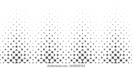 Geometric pattern of black figures on a white background. Seamless in one direction. Option with an average fade out.