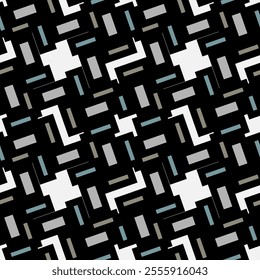 Geometric pattern with black, gray, and blue rectangles, modern design, abstract art, seamless background, stylish decor, contemporary look, bold shapes, contrasting colors, eye-catching layout