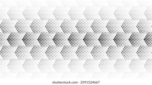 Geometric pattern of black hexagones on a white background.Seamless in one direction.Option with an AVERAGE fade out. 