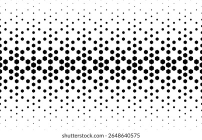 Padrão geométrico de hexagones pretos em um fundo branco. Sem emenda em uma direção. Opção com um fade out curto.