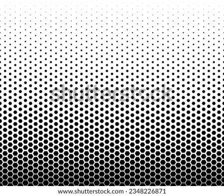 Geometric pattern of black hexagones  on a white background.Seamless in one direction.Option with a LONG fade out.Scale transformation method.64 figures in height
