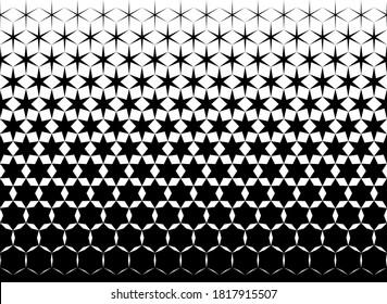 Geometrisches Muster von schwarzen Hexagonen und Sternen auf weißem Hintergrund. Nahtlos in eine Richtung. Option mit einem mittleren Fade out.13 Zahlen in Höhe.Die radiale Transformationsmethode.