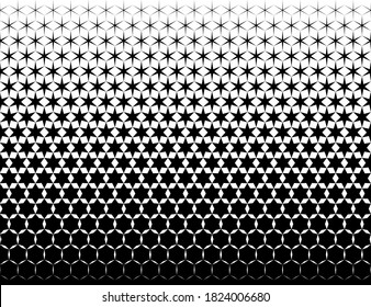 Geometric pattern of black hexagones and stars on a white background. Seamless in one direction. Option with a middle fade out.19 figures in height.The radial transformation method.