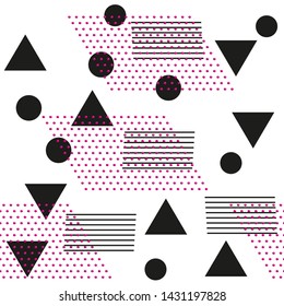 geometric pattern with black shapes and pink dots on white background