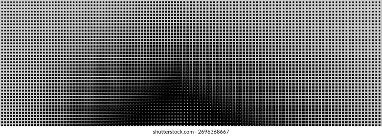 Geometric pattern of black squares on a white background. Seamless in one direction. Medium fade out