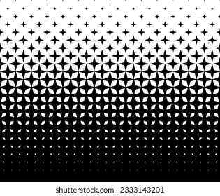 Geometric pattern of black stars on a white background.Seamless in one direction.Average fade out.