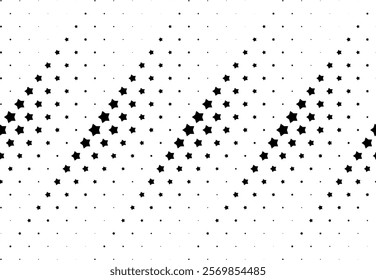 Geometric pattern of black stars on a white background.Seamless in one direction.Option with an average fade out.The scale transformation method.