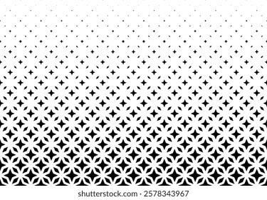 Geometric pattern of black stars and rhombs on a white background.Seamless in one direction. Option with a Short fade out.The Scale transformation method.