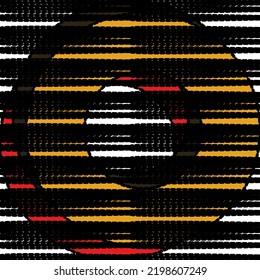Geometric pattern with black, structured stripes. Colorful rings in yellow, red and black on white background.