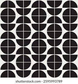 Geometric pattern in black and white inspired by the Midcentury modern design style. Graphical illustration for a unique wall decor, textiles and interior design.