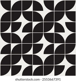 Geometric pattern in black and white shades inspired by the Midcentury modern design style. Graphical illustration for a unique wall decor, textiles and interior design.