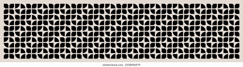 Geometric pattern in black and white shades inspired by the Midcentury modern design style. Graphical illustration for a unique wall decor, textiles and interior design.