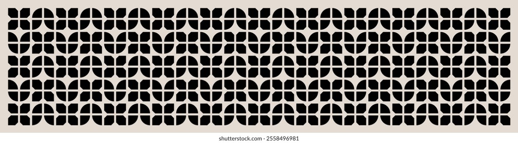 Geometric pattern in black and white shades inspired by the Midcentury modern design style. Graphical illustration for a unique wall decor, textiles and interior design.