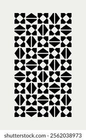 Geometric pattern in black and white shades inspired by the Midcentury modern design style. Graphical illustration for a unique wall decor, textiles and interior design.