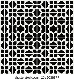 Geometric pattern in black and white shades inspired by the Midcentury modern design style. Graphical illustration for a unique wall decor, textiles and interior design.