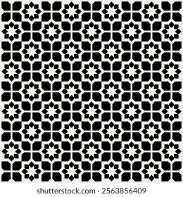 Geometric pattern in black and white shades inspired by the Midcentury modern design style. Graphical illustration for a unique wall decor, textiles and interior design.