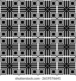 Geometric pattern of black and white of square and stripes shapes. Concept of modern, grid, vintage, classic colors, luxury, elegant for wallpaper, display, floor tiles, seamless design, texture.