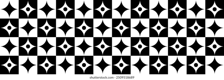 Geometric pattern black and white squares with rhombs and dots. Abstract modern seamless pattern squares in staggered order with rhombs. Monochrome geometric pattern