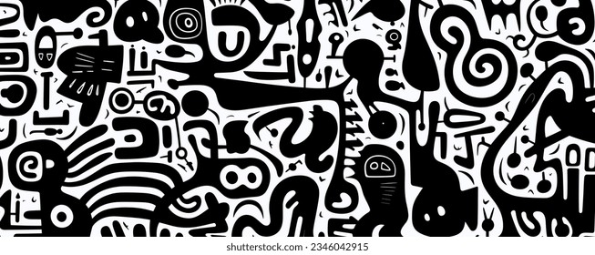 a geometric pattern with black and white swirls, minimalist strokes, web-based art, printmaking