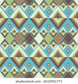 Geometric pattern Blue background with alternating brown and cream patterns accented with green and white