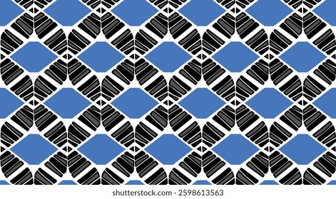 geometric pattern with blue diamonds and black leaf-like shapes on a white background, for textile, wallpaper, gift wrapping.