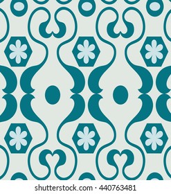  geometric pattern with blue flowers and round type.