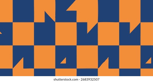 Padrão geométrico de quadrados azuis e laranja com bordas irregulares em um design de tabuleiro de xadrez