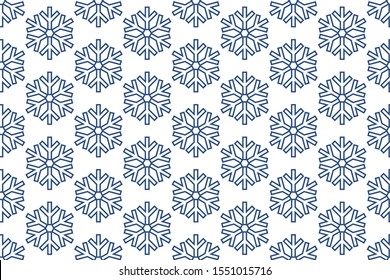 Geometric pattern of blue snowflakes on white background