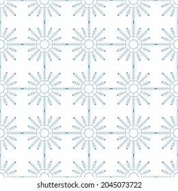 Geometric pattern of blue snowflakes on a white background. Design for decor, prints, textile, furniture, cloth, digital. Vector seamless pattern EPS 10
