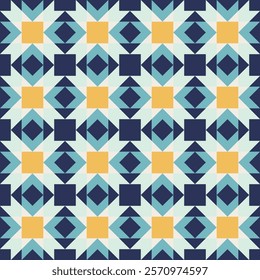 Geometric pattern with blue and yellow accents, seamless repeating patterns, vector art style, simple shapes, flat color blocks, retro design