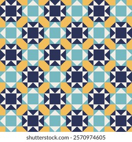 Geometric pattern with blue and yellow accents, seamless repeating patterns, vector art style, simple shapes, flat color blocks, retro design