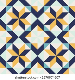 Geometric pattern with blue and yellow accents, seamless repeating patterns, vector art style, simple shapes, flat color blocks, retro design