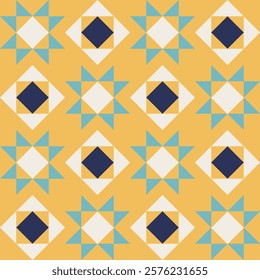 Geometric pattern with blue and yellow accents, seamless repeating patterns, vector art style, simple shapes, flat color blocks, retro design