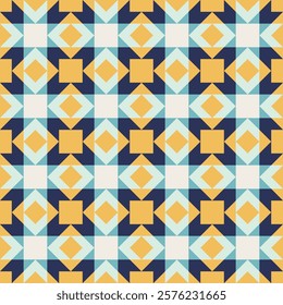 Geometric pattern with blue and yellow accents, seamless repeating patterns, vector art style, simple shapes, flat color blocks, retro design