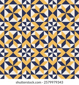 Geometric pattern with blue and yellow accents, seamless repeating patterns, vector art style, simple shapes, flat color blocks, retro design