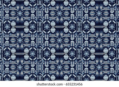 Geometric pattern Bohemian style. Seamless Oriental pattern. Indigo blue color. Tribal Ethnic collection. Mexican ornament. Embroidery on fabric, design elements of the interior.