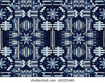 Geometric pattern Bohemian style. Seamless Oriental pattern. Indigo blue color. Tribal Ethnic collection. Mexican ornament. Embroidery on fabric, design elements of the interior.