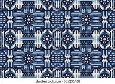 Geometric pattern Bohemian style. Seamless Oriental pattern. Indigo blue color. Tribal Ethnic collection. Mexican ornament. Embroidery on fabric, design elements of the interior.