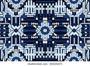 Geometric pattern Bohemian style. Seamless Oriental pattern. Indigo blue color. Tribal Ethnic collection. Mexican ornament. Embroidery on fabric, design elements of the interior.